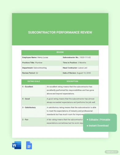 subcontractor performance review template
