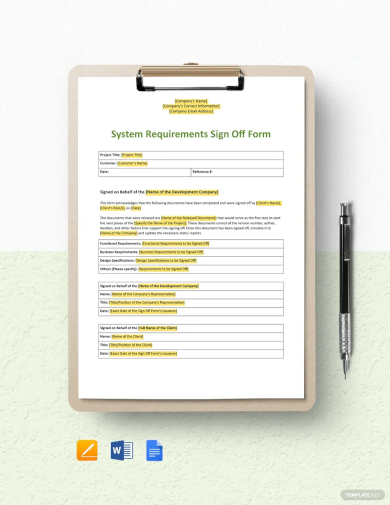 system requirements sign off form template