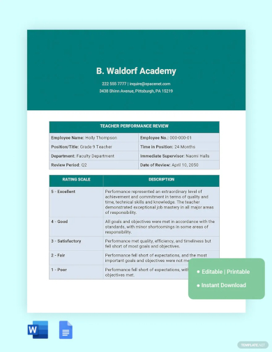 teacher performance review template