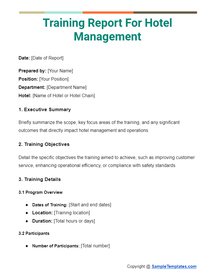 training report for hotel management