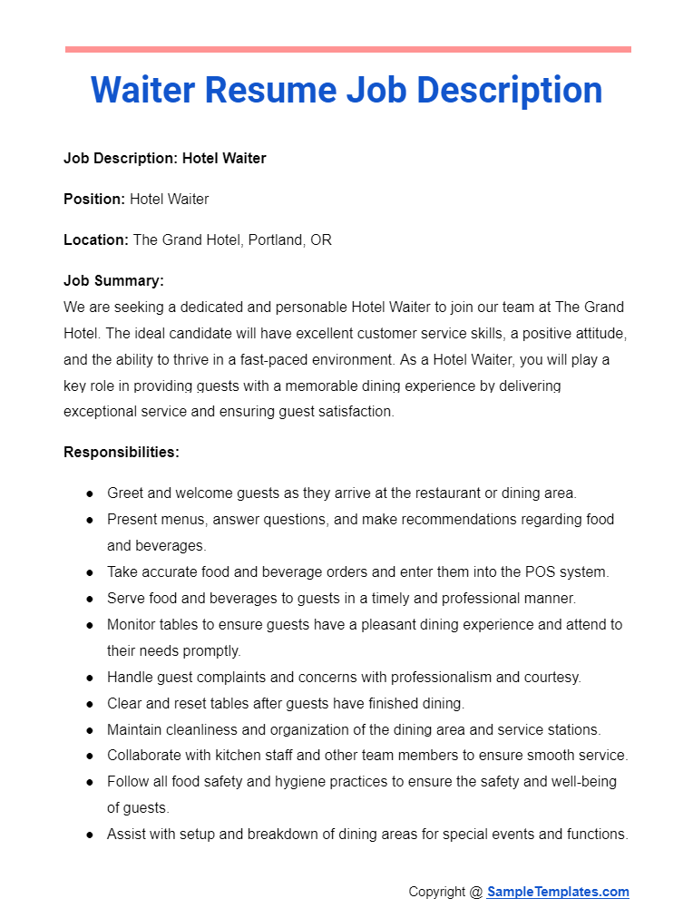 waiter resume job description