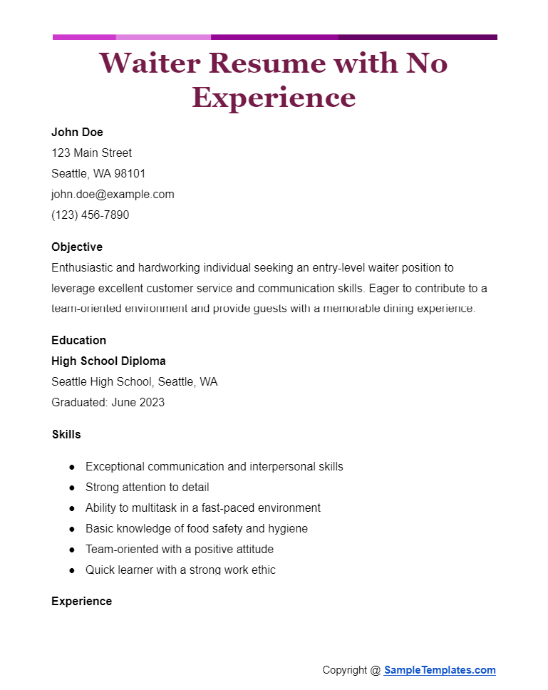 waiter resume with no experience