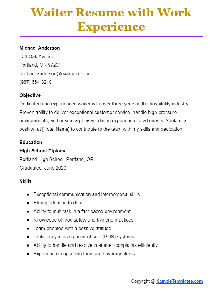 waiter resume with work experience