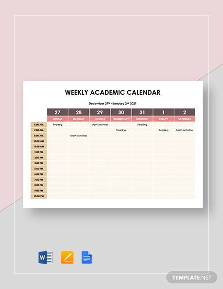 weekly academic calendar template