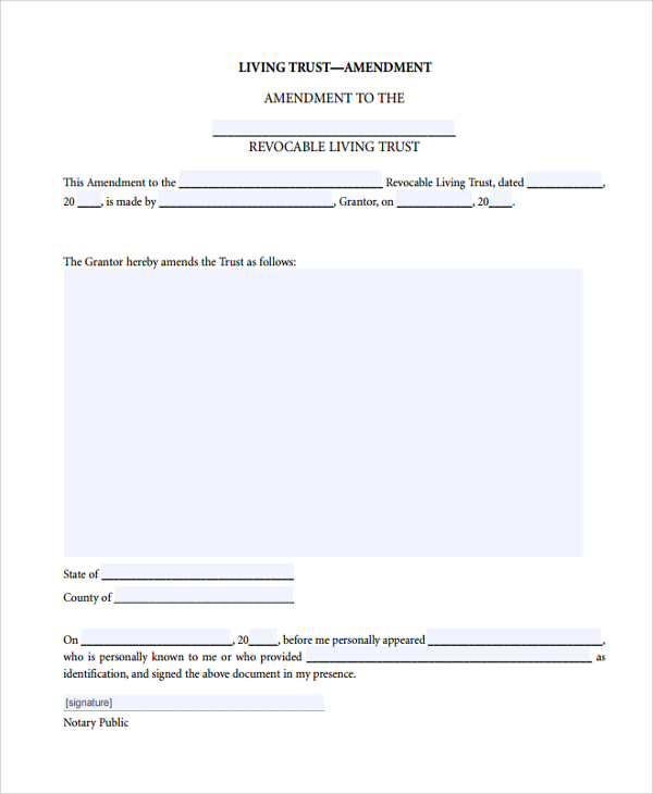 Living Trust Amendment Template   Revocable Trust Amendment Form 