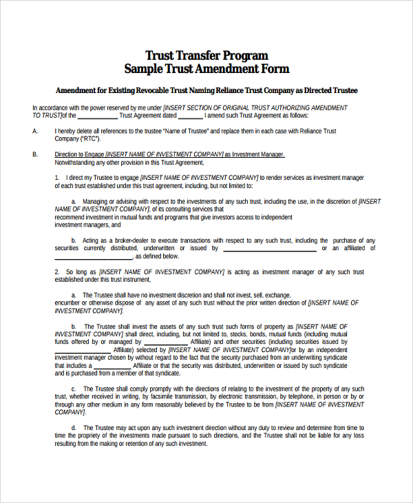 sample trust amendment form