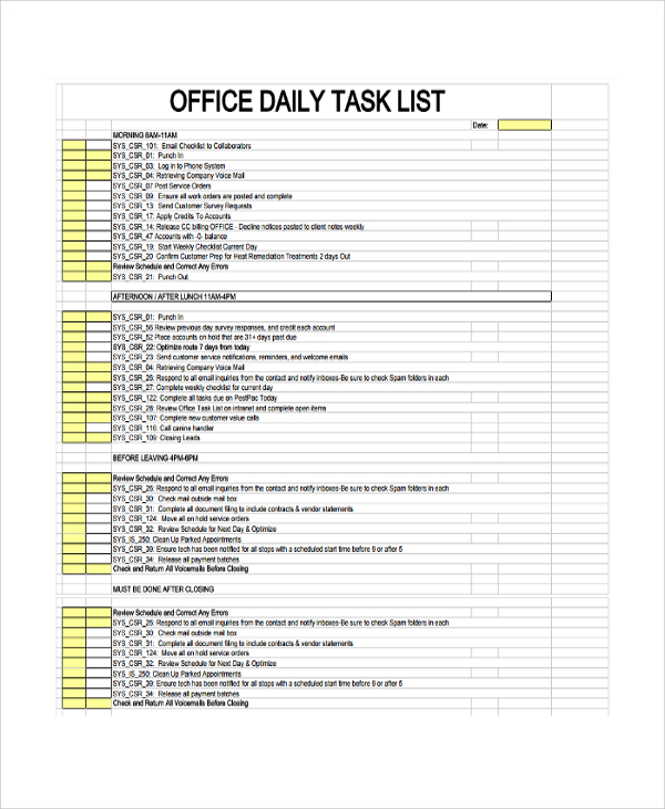 office daily task list tempplate