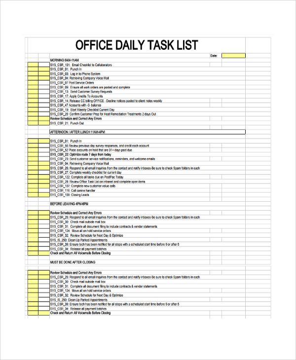 Daily Task List Template Word