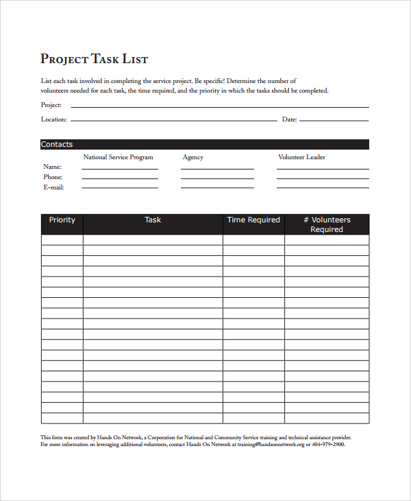 basic project task list template