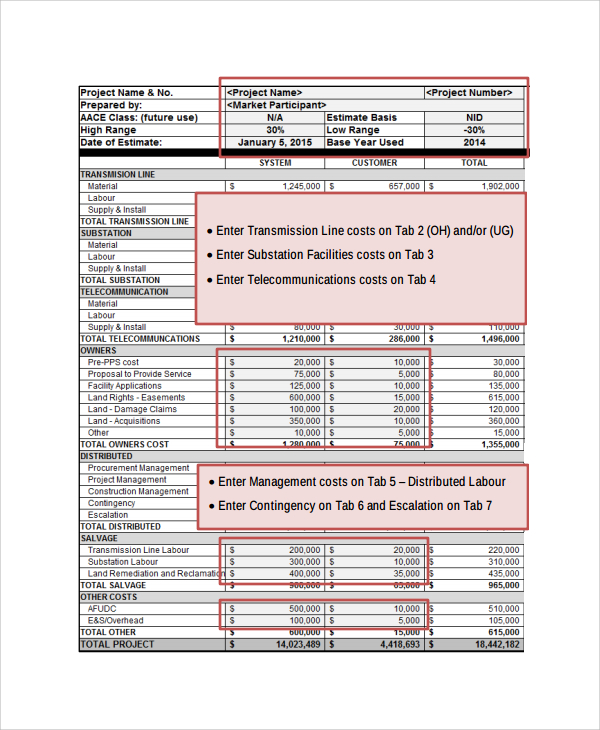 sample project estimate template