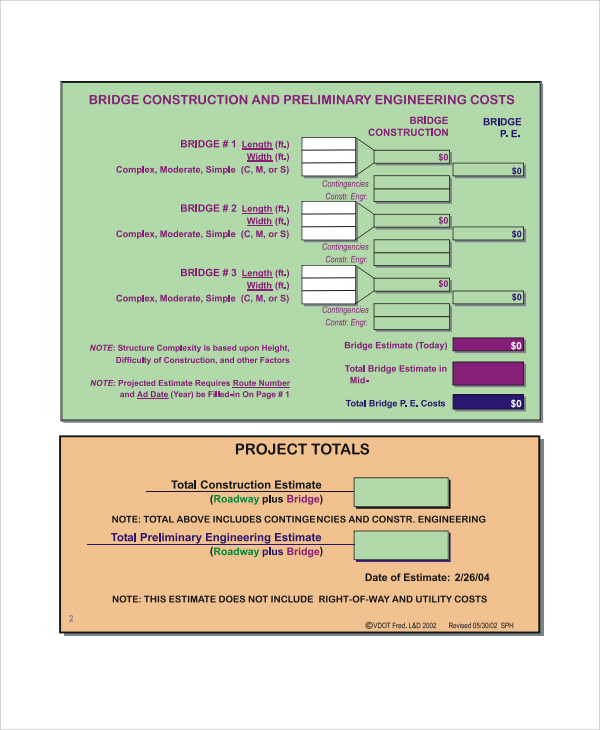 construction project cost estimation template