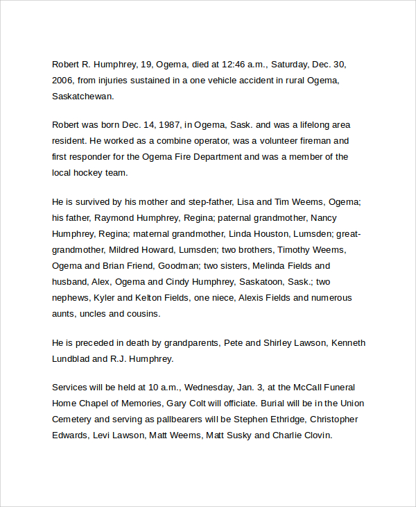 sample obituary wording