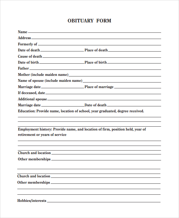 death obituary form template