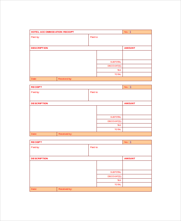 hotel accommodation receipt template