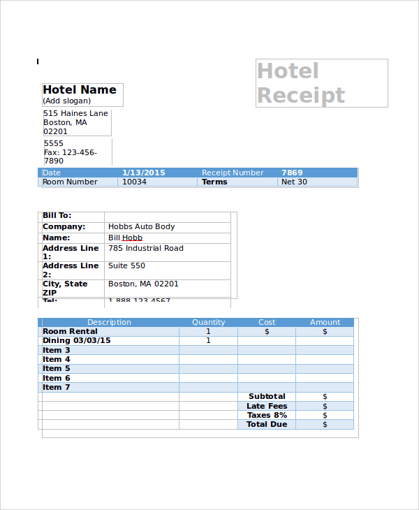 hotel receipt template