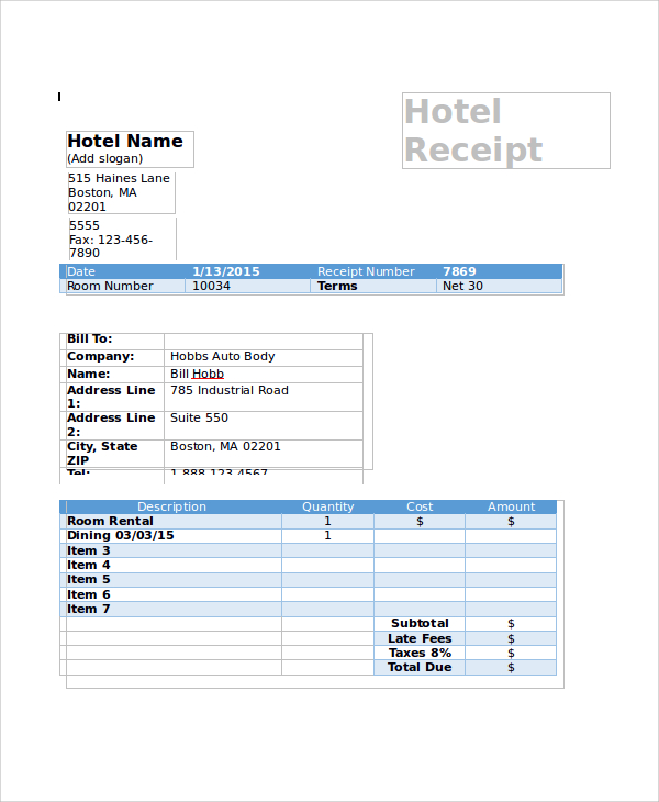 Hotel Room Receipt Template