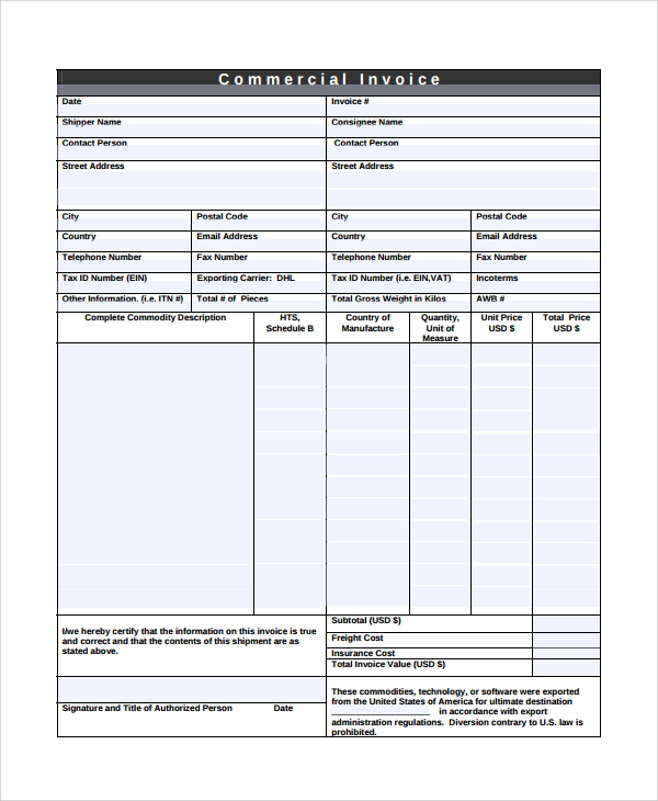 Dhl Commercial Invoice Template