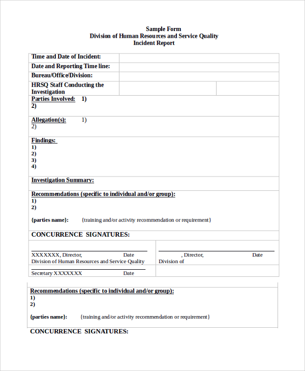 sample incident reporting form