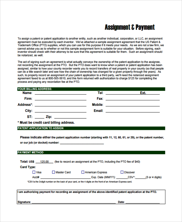 patent assignment payment form