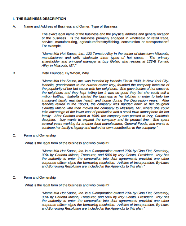 example of form of ownership in business plan