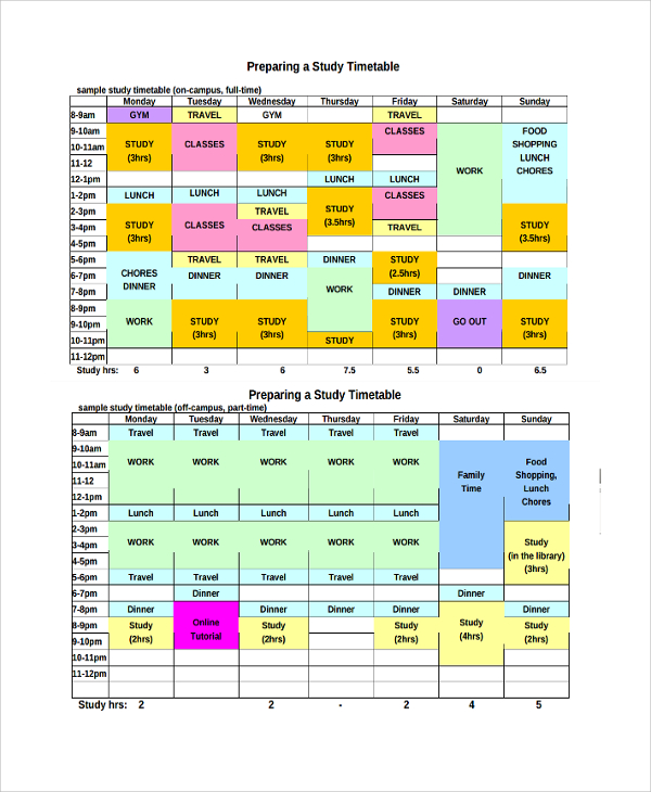 student weekly timetable template