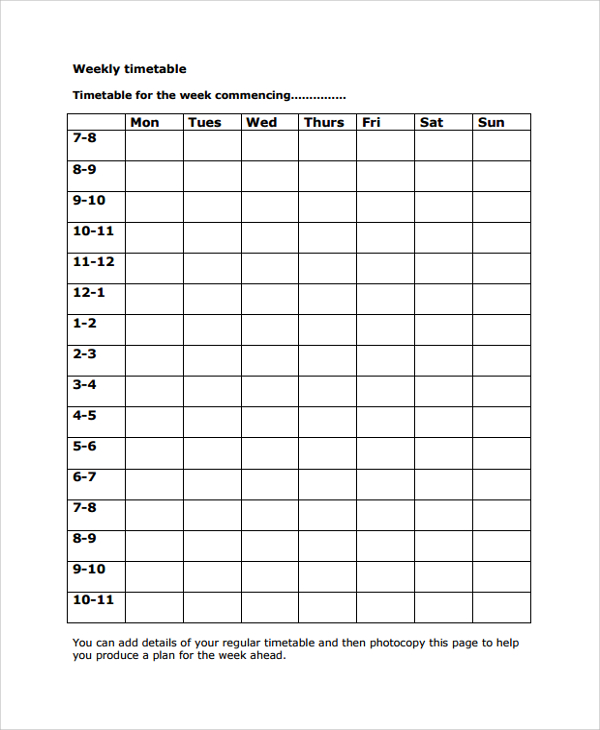 blank weekly timetable template
