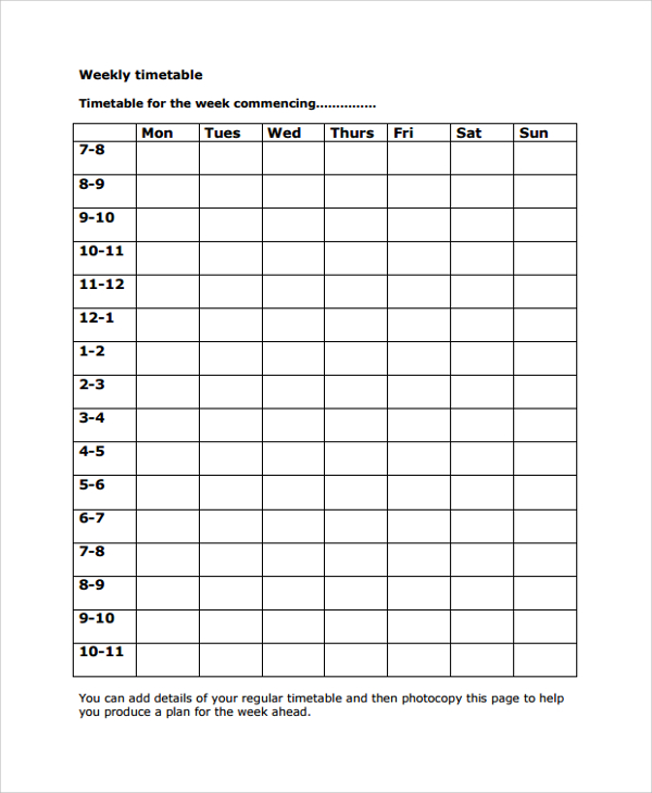 weekly timetable chart