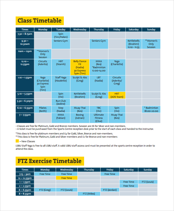 excercise class timetable template