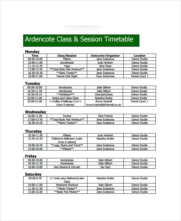 ardencote class session timetable