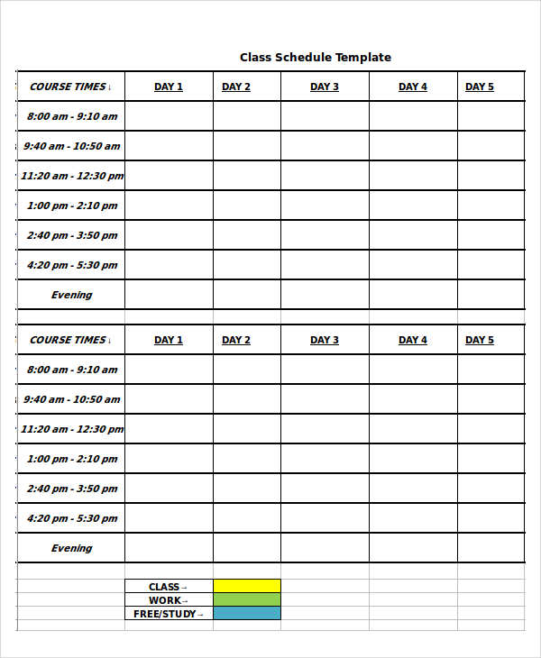 class schedule timetable template