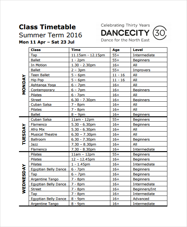 dance summer class timetable template