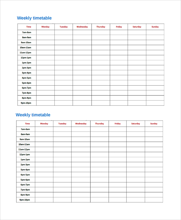 weekly timetable worksheet