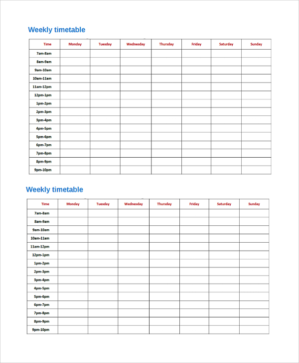 FREE 9 Sample Weekly Timetable Templates In PDF MS Word