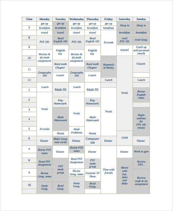sample weekly timetable template