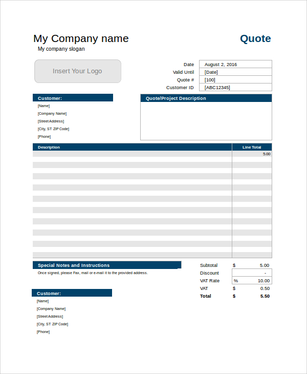 FREE 7+ Sample Service Quote Templates in Excel MS Word PDF