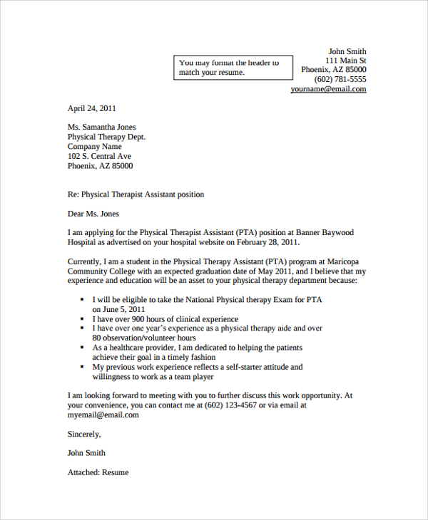 physical therapist assistant cover letter examples