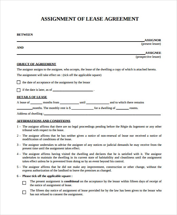 assignment of lease agreement format