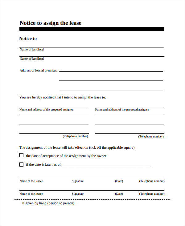notice of assignment of a lease
