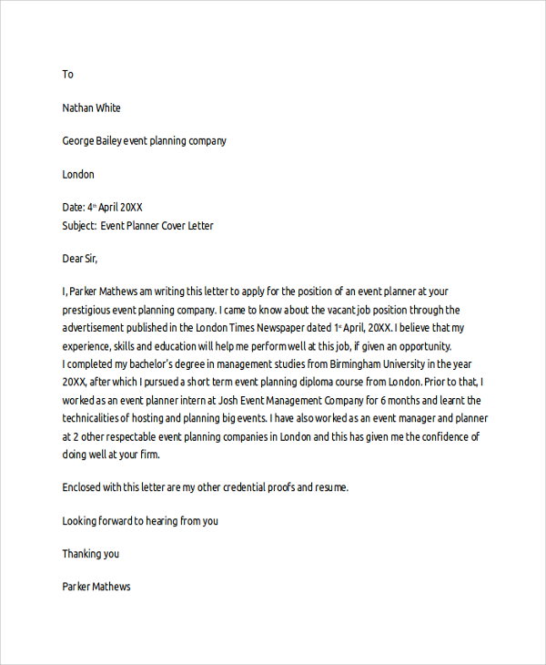 Event planner cover letter