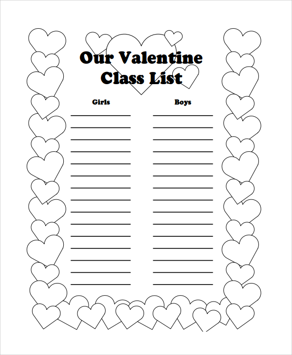 valentine class list template