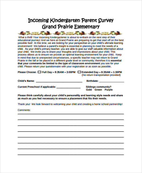 kindergarten parent survey template
