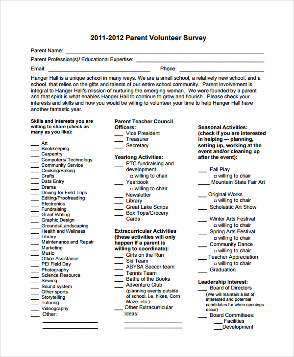 parent volunteer survey template