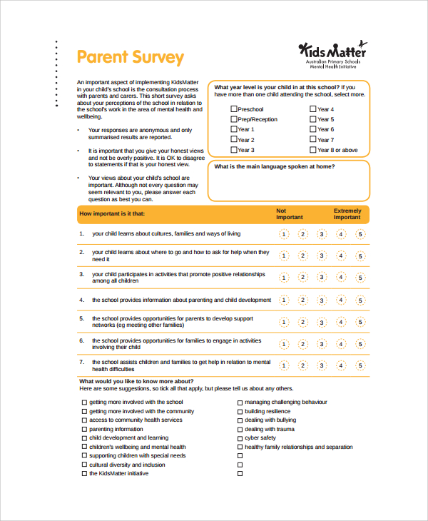 parent survey template for kids
