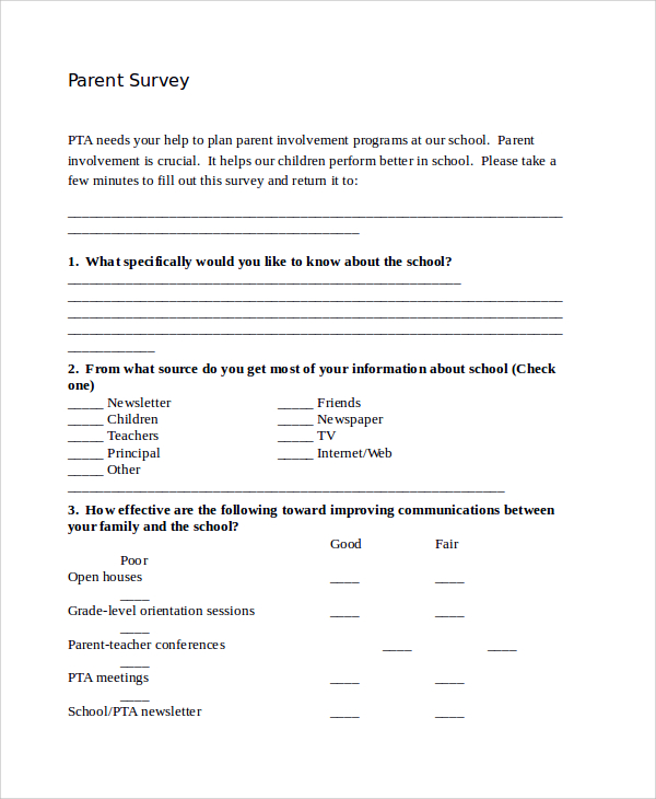 Parent Survey For Teachers Printable