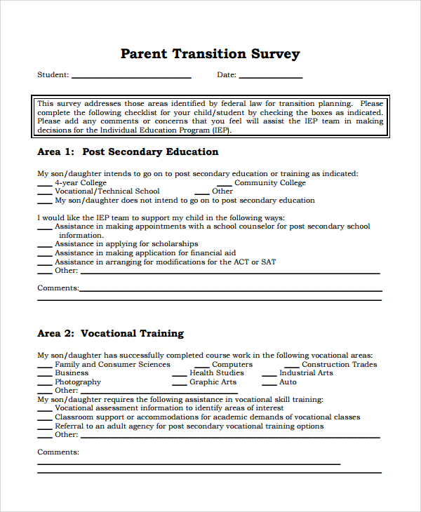 parent transition survey template