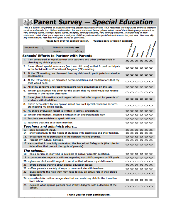 Parent Questionnaire Printable   Sample Parent Survey Template 