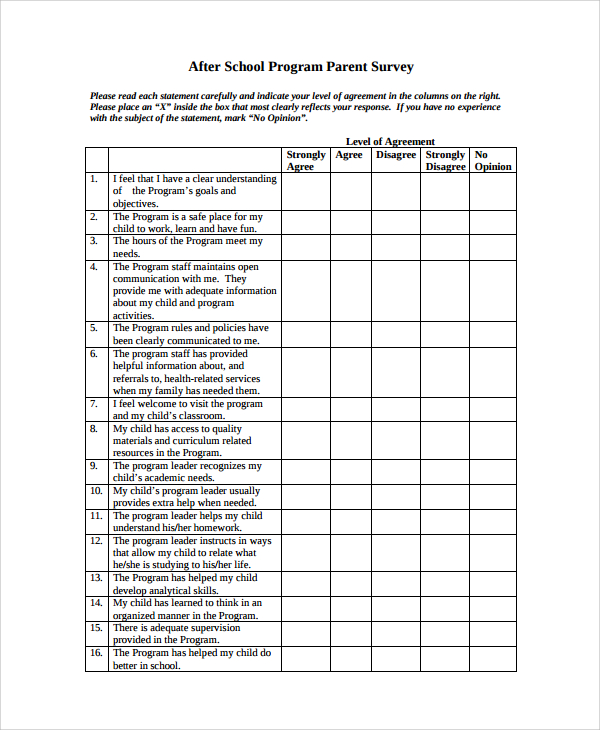 school program parent survey template