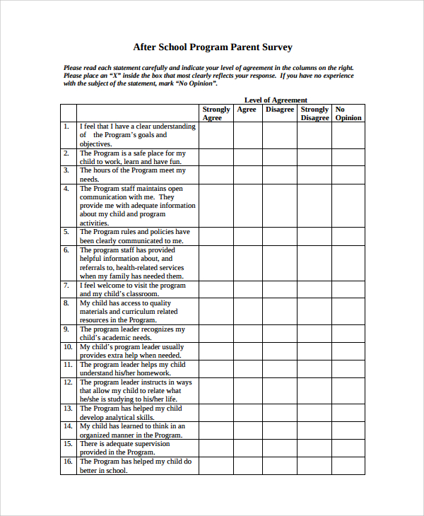 FREE 13+ Sample Parent Survey Templates in PDF | MS Word