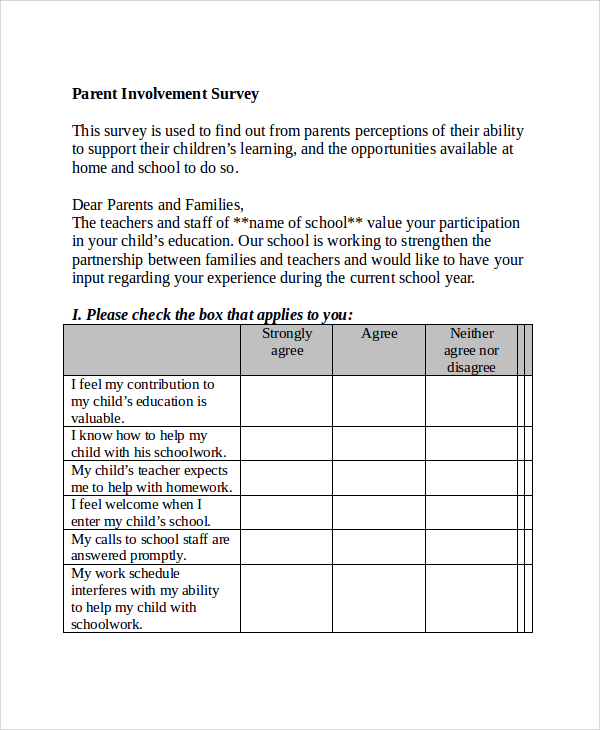 FREE 13+ Sample Parent Survey Templates in PDF | MS Word