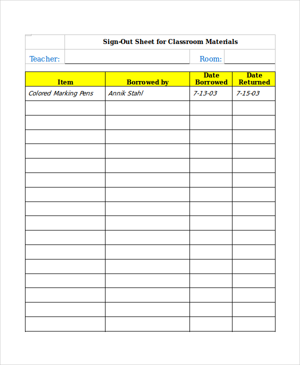 sign out sheet for classroom materials